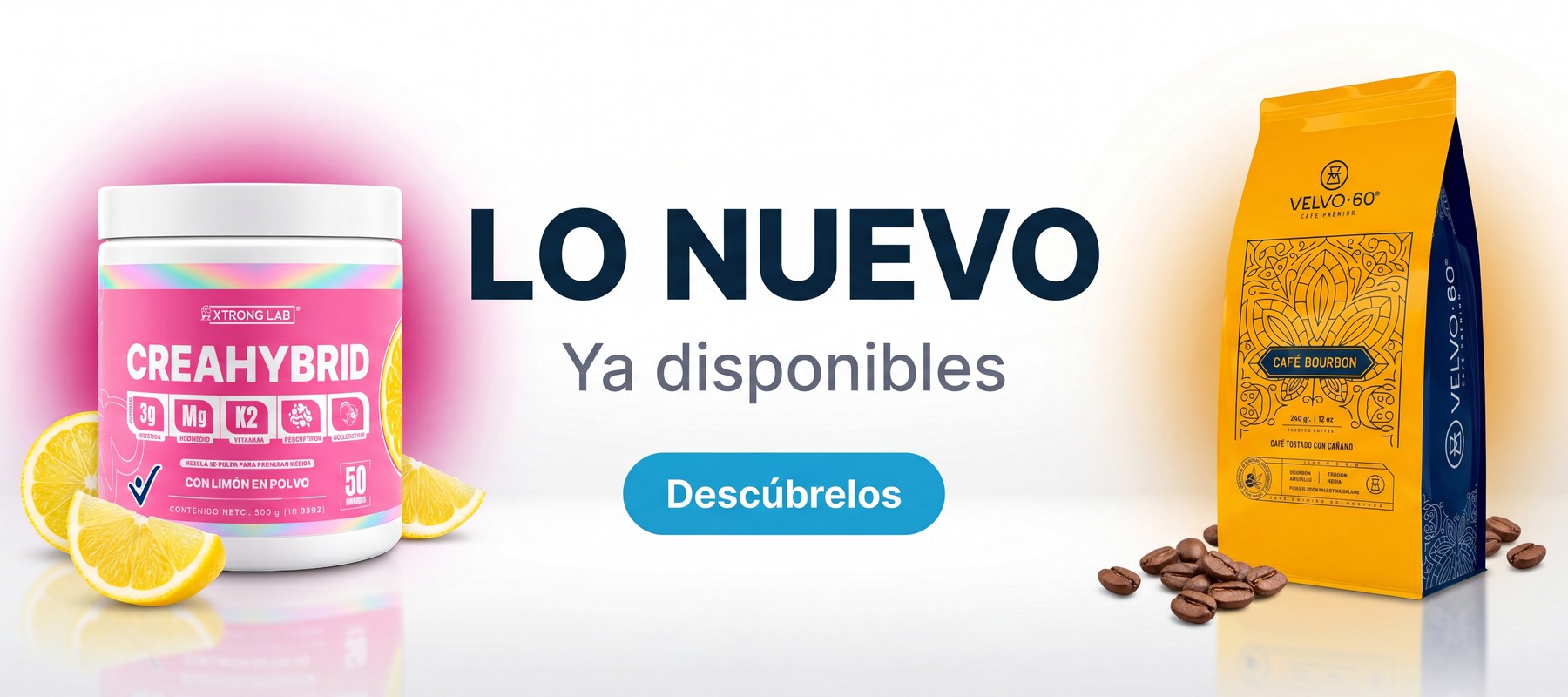 Lo nuevo: CreaHybrid creatina 5 en 1 y café Bourbon Velvo·60 — banner lanzamientos