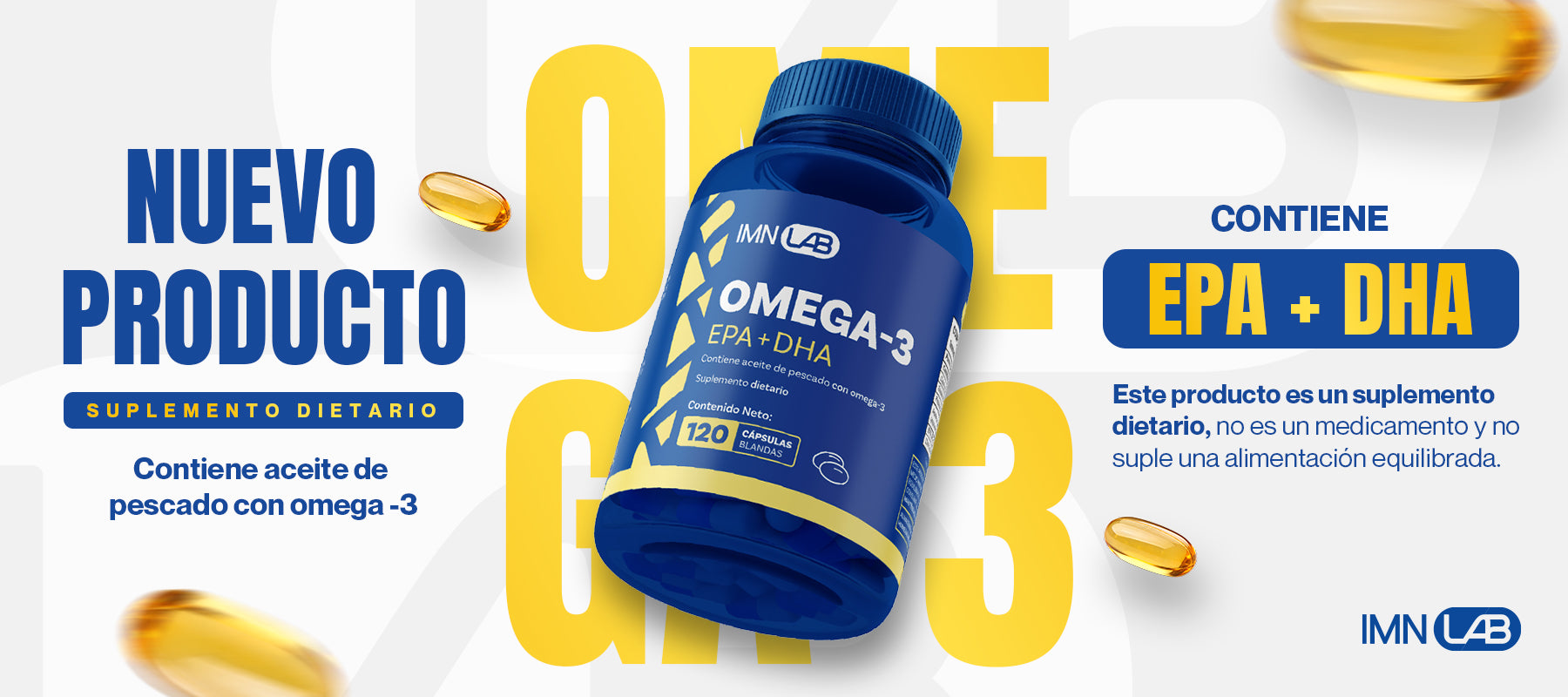 Omega 3 IMN — 120 cápsulas de aceite de pescado con EPA y DHA, Registro INVIMA